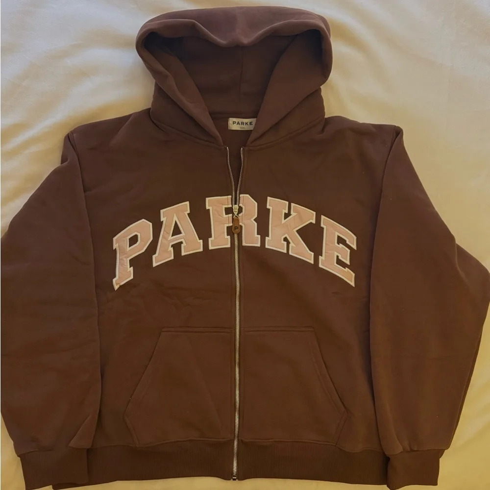 New PARKE Women’s Hometown Varsity Fleece ZipUp Hoodie Sweatshirt mocha/rose XXL - Picture 4 of 6